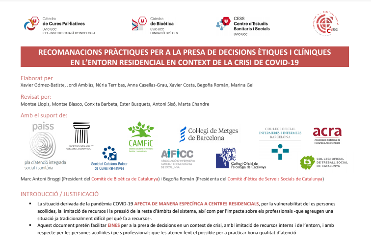 Més informació sobre l'article RECOMANACIONS PRÀCTIQUES PER A LA PRESA DE DECISIONS ETIC CLINIQUES A L’ENTORN RESIDENCIAL EN CONTEXT COVID19