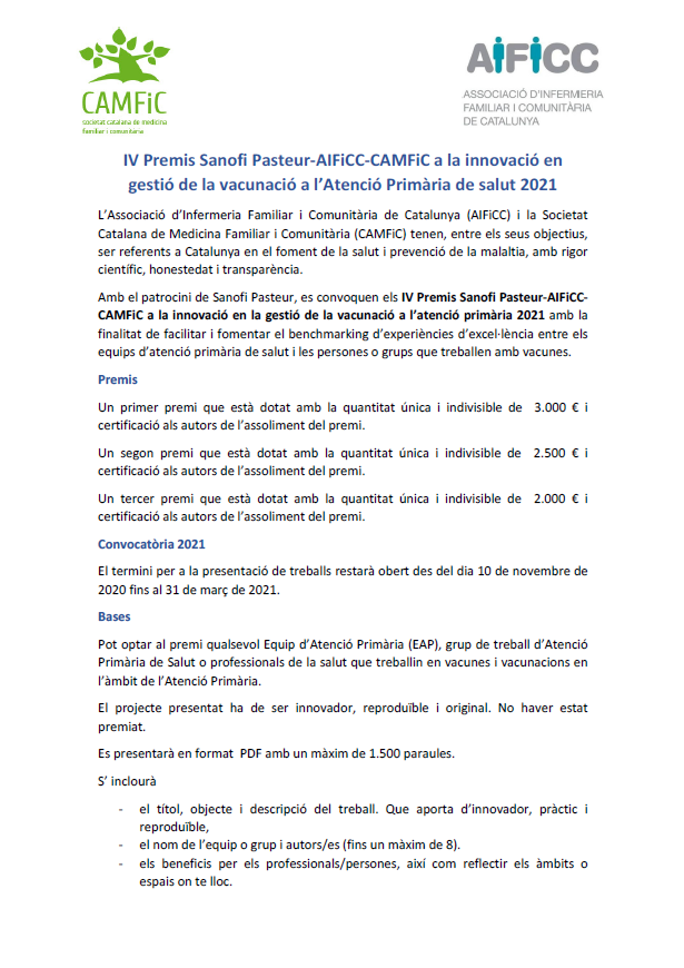 Read more about the article IV Premis Sanofi Pasteur-AIFiCC-CAMFiC a la innovació en gestió de la vacunació a l’Atenció Primària de salut 2021
