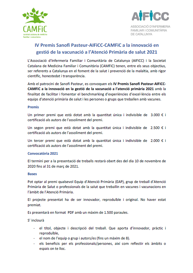 Actualment esteu veient IV Premis Sanofi Pasteur-AIFiCC-CAMFiC a la innovació en gestió de la vacunació a l’Atenció Primària de salut 2021