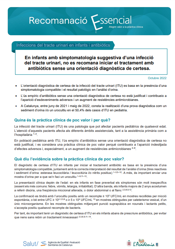 Més informació sobre l'article Recomanacions Infeccions del tracte urinari en infants i antibiòtics