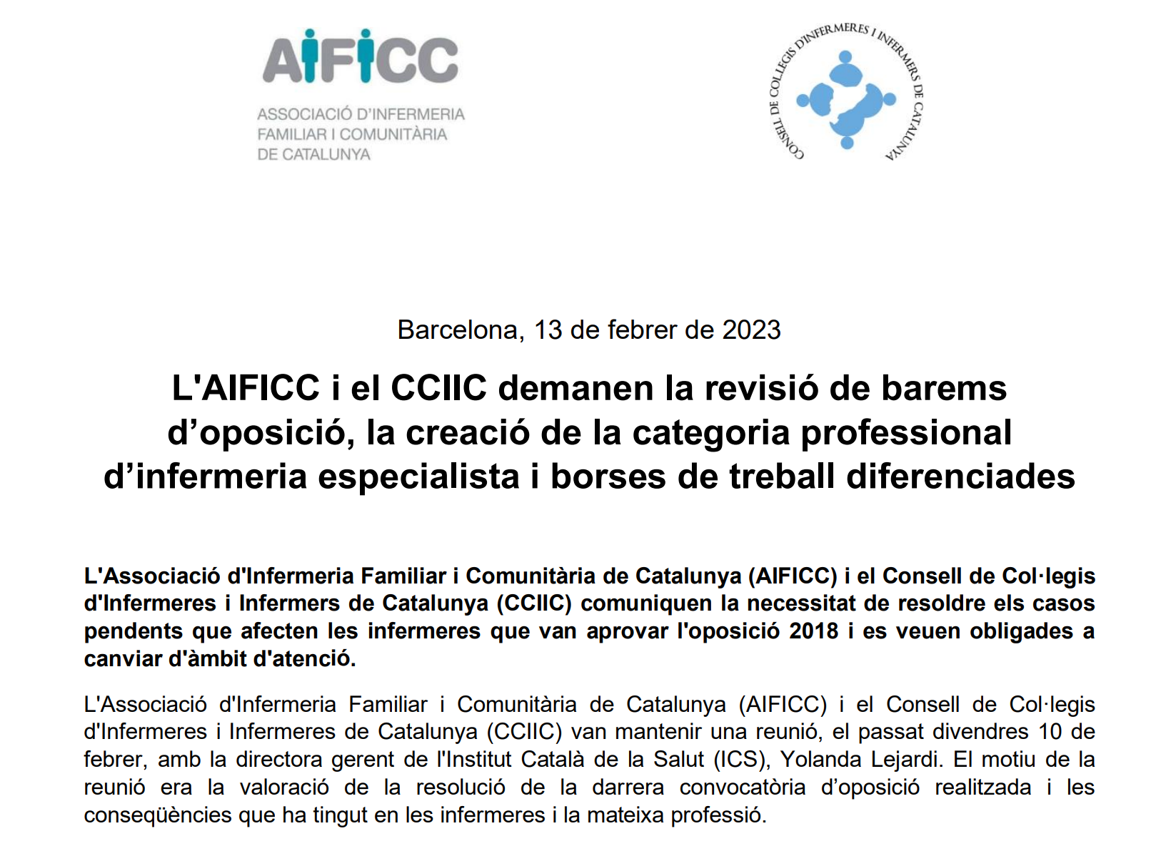 Read more about the article L’AIFICC i el CCIIC demanen la revisió de barems d’oposició, la creació de la categoria professional d’infermeria especialista i borses de treball diferenciades